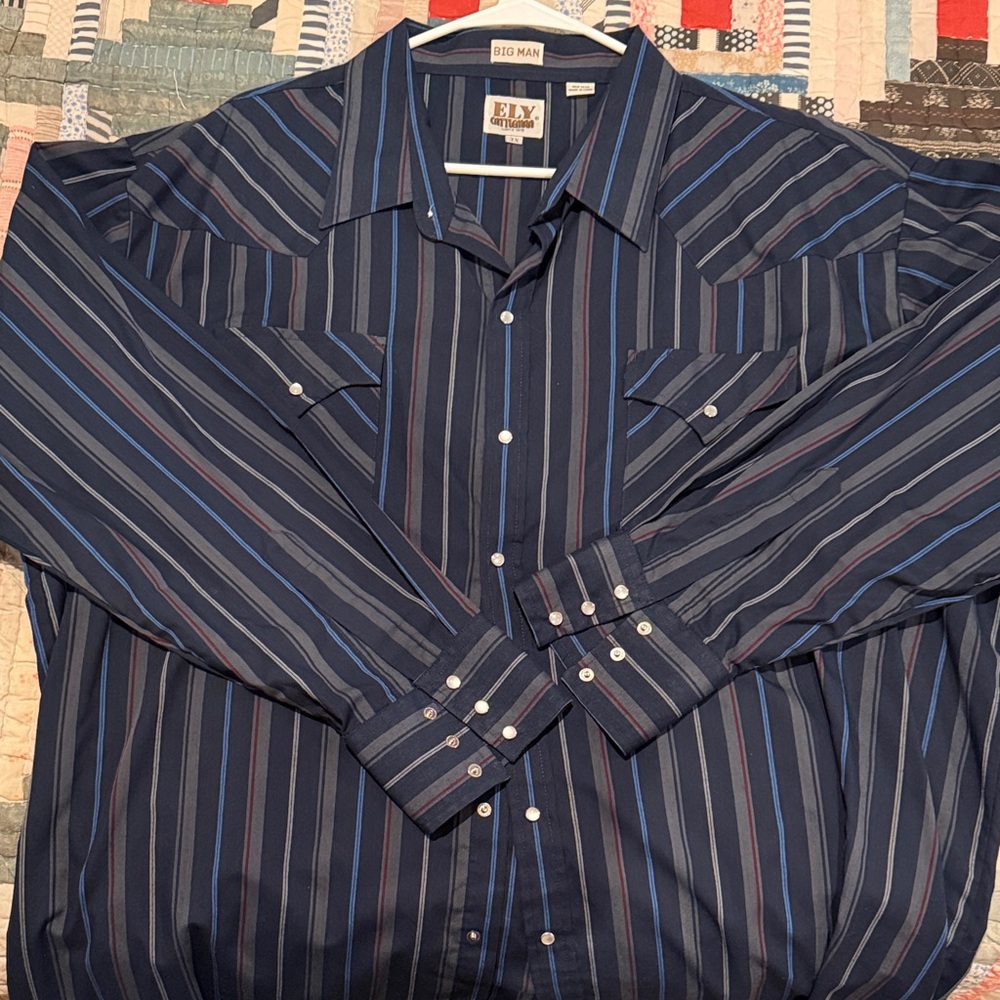 Ely Cattleman Navy and Blue Striped Button Down Shirt